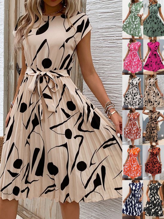Women Abstract Graphic Short Sleeve Summer Printing Dress V Neck Daily Vintage Midi Tank A-Line Dress
