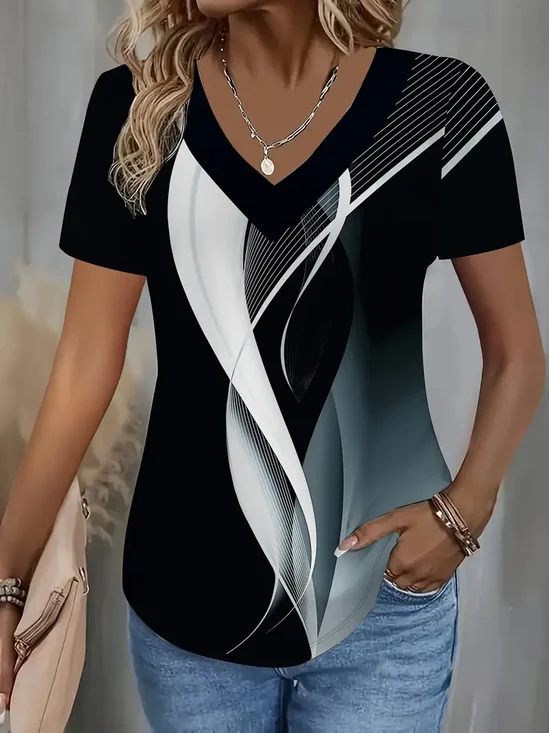 Women Abstract Short Sleeve Tee T-shirt V Neck Printing Casual Summer Graphic Tee Top