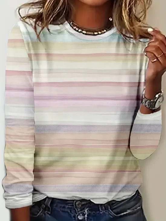 Women Striped Long Sleeve Tee T-shirt Crew Neck Printing Casual Spring/Fall Graphic Tee Top