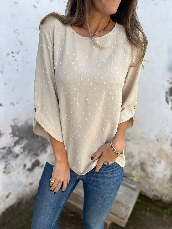 Women Polka Dots Three Quarter Sleeve Tee T-shirt Crew Neck Jacquard Casual Spring/Fall Top