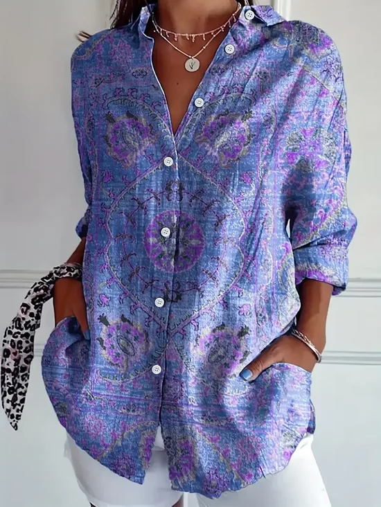 Women Floral Long Sleeve Shirt Spring/Fall Buckle Shirt Collar Regular Sleeve Daily Casual Top