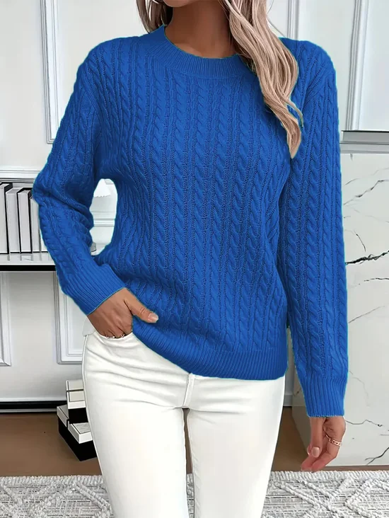 Women Plain Spring/Fall Casual Long Sleeve Crew Neck Cotton Sweater