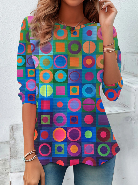 Women Geometric Long Sleeve Tee T-shirt Crew Neck Printing Casual Spring/Fall Tunic Top