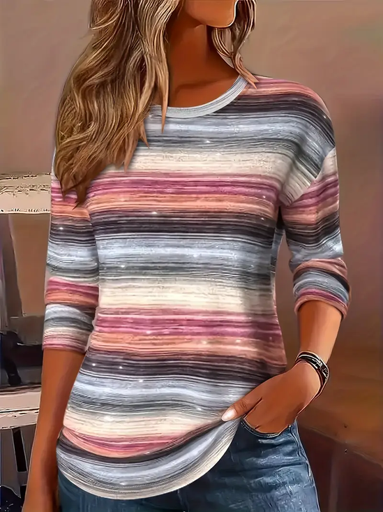 Women Striped Long Sleeve Tee T-shirt Crew Neck Printing Casual Spring/Fall Graphic Tee Top