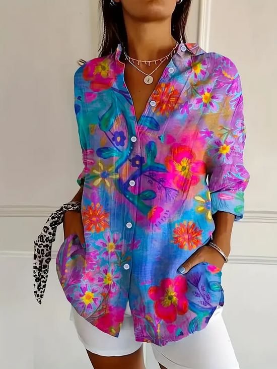 Women Floral Long Sleeve Shirt Spring/Fall Buckle Shirt Collar Regular Sleeve Daily Casual Top