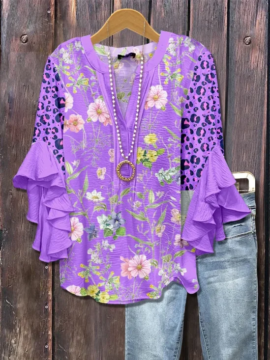 Women Floral Half Sleeve Shirt Summer Printing V Neck Daily Casual Top