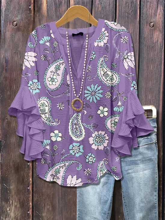 Women Floral Half Sleeve Shirt Summer Printing V Neck Daily Casual Top