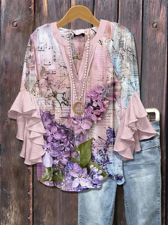 Women Floral Half Sleeve Shirt Summer Printing V Neck Daily Casual Top