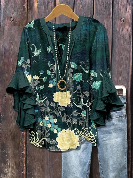 Women Floral Half Sleeve Shirt Summer Printing V Neck Daily Casual Top