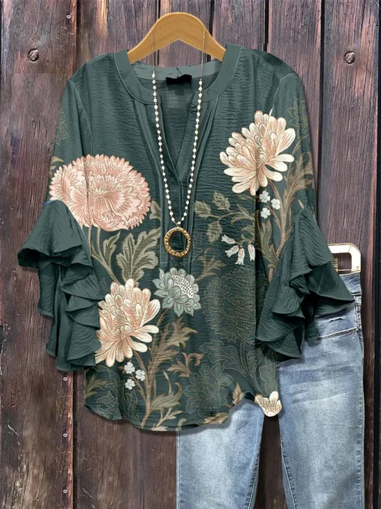 Women Floral Half Sleeve Shirt Summer Printing V Neck Daily Casual Top