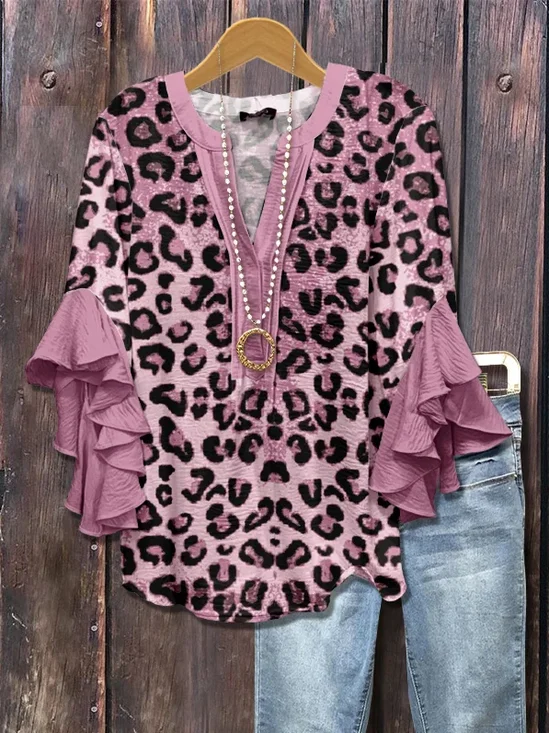Women Leopard Half Sleeve Shirt Summer Printing V Neck Daily Casual Top