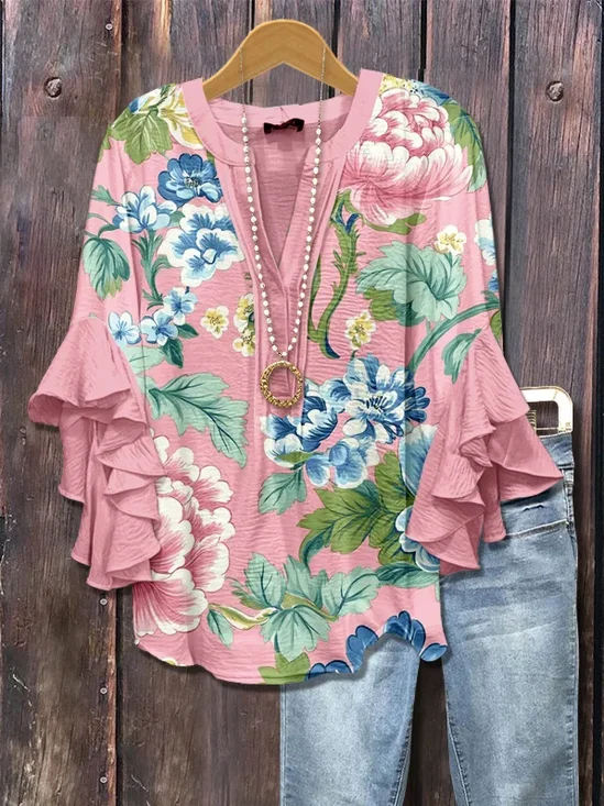 Women Floral Half Sleeve Shirt Summer Printing V Neck Daily Casual Top
