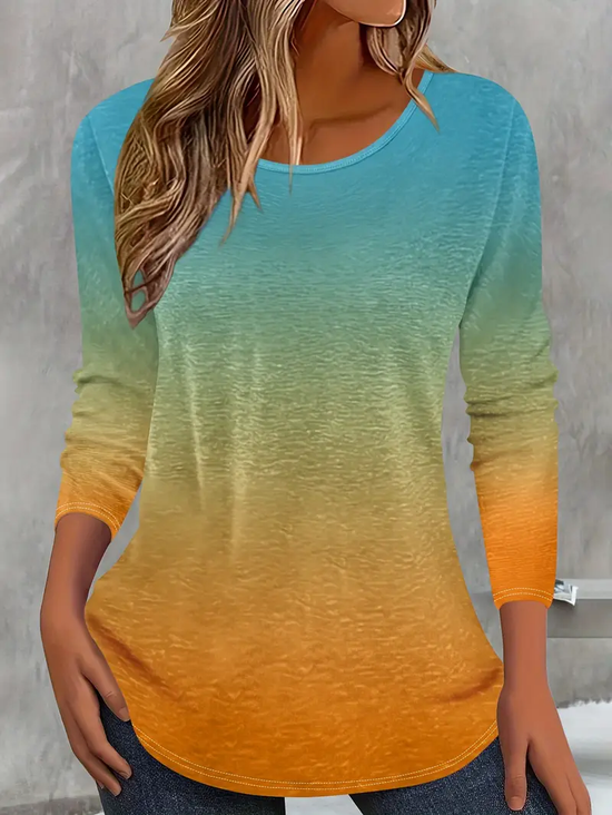 Women Ombre Long Sleeve Tee T-shirt Crew Neck Printing Casual Spring/Fall Graphic Tee Top