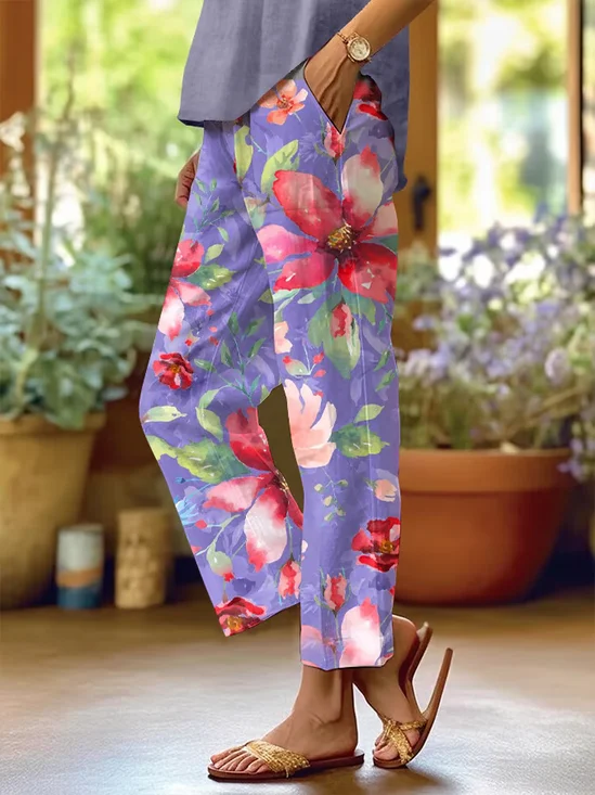 Women Floral Long Pants Casual Spring/Fall Trousers