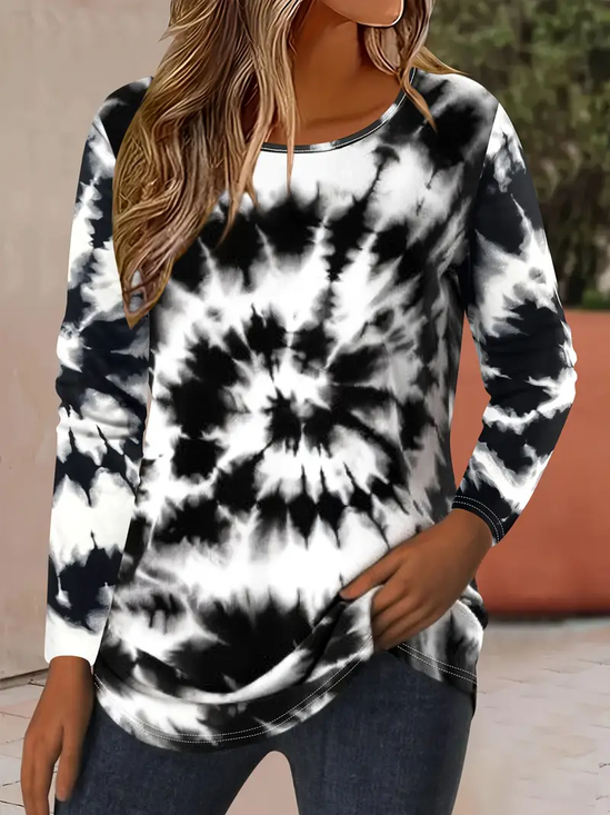 Women Tie-Dye Pattern Long Sleeve Tee T-shirt Crew Neck Printing Casual Spring/Fall Graphic Tee Top