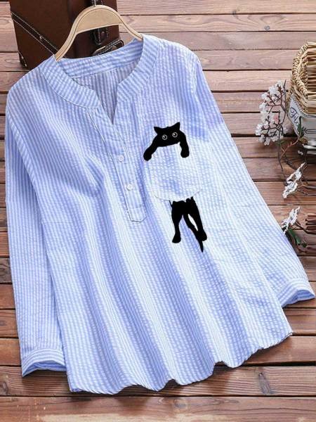 Women Striped Long Sleeve Shirt Spring/Fall Printing V Neck Daily Vintage Top