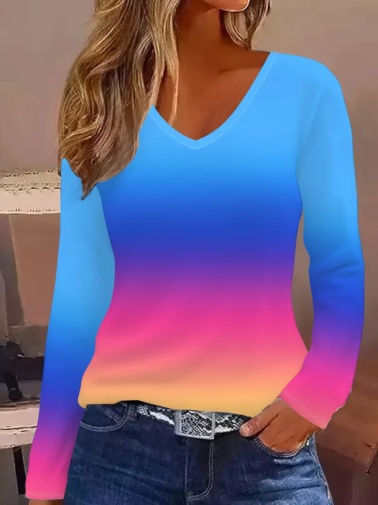 Women Ombre Long Sleeve Tee T-shirt V Neck Printing Casual Spring/Fall Graphic Tee Top