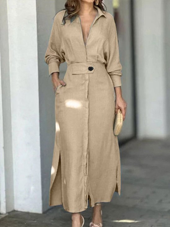 Women Plain Long Sleeve Spring/Fall Split Joint Dress V Neck Daily Vintage Maxi Tank A-Line Dress