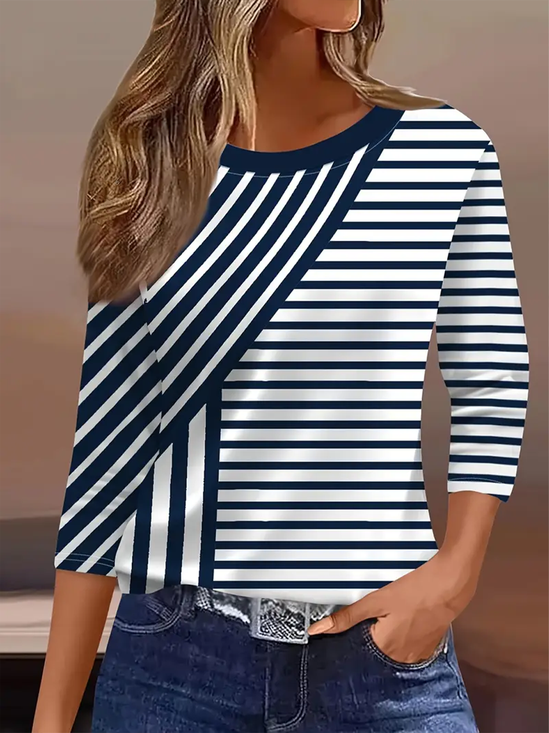 Women Striped Three Quarter Sleeve Tee T-shirt Crew Neck Casual Spring/Fall Graphic Tee Top