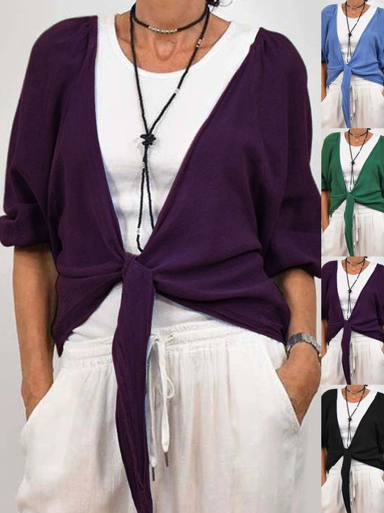 Women Plain Spring/Fall Cover-up Casual Lace-up Lightweight Cardigan