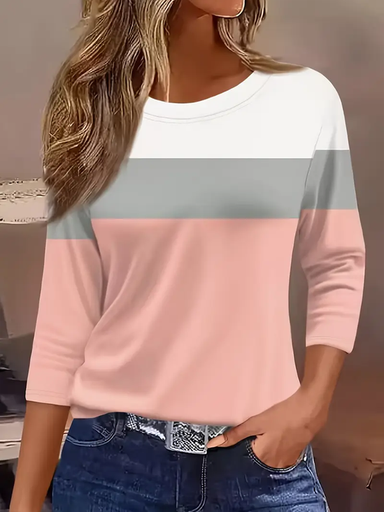Women Multicolor Block Three Quarter Sleeve Tee T-shirt Crew Neck Casual Spring/Fall Graphic Tee Top