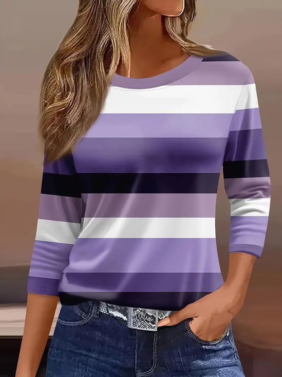 Women Striped Three Quarter Sleeve Tee T-shirt Crew Neck Casual Spring/Fall Graphic Tee Top