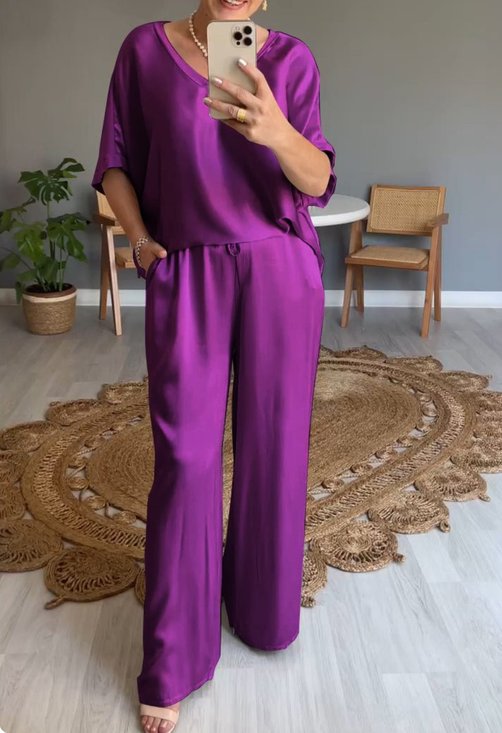 Women Plain Split Joint Two-Piece Set Daily Half Sleeve Casual Summer Top With Pants Matching Set