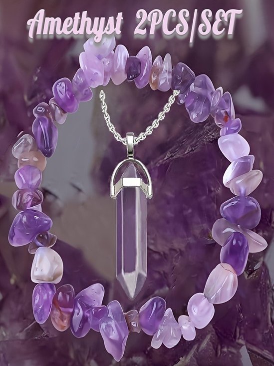 Natural Stone Gravel Crystal Ladies Chain Bracelet Irregular Small Gravel Amethyst Bracelet Elastic Bracelet Necklace 2-piece Set