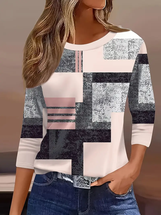 Women Geometric Three Quarter Sleeve Tee T-shirt Crew Neck Casual Spring/Fall Graphic Tee Top