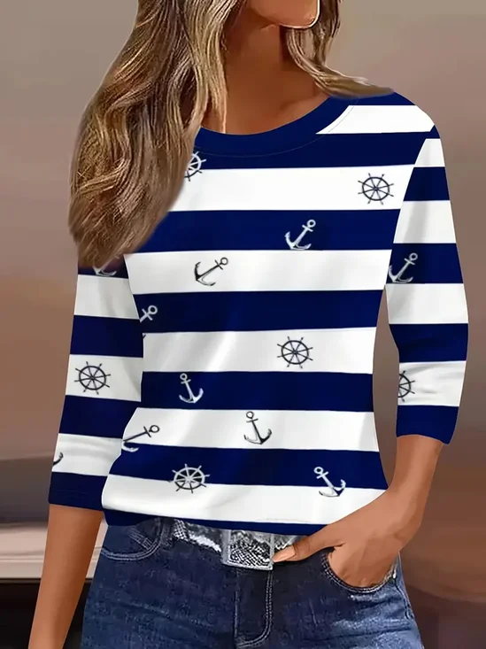 Women Striped Three Quarter Sleeve Tee T-shirt Crew Neck Casual Spring/Fall Graphic Tee Top