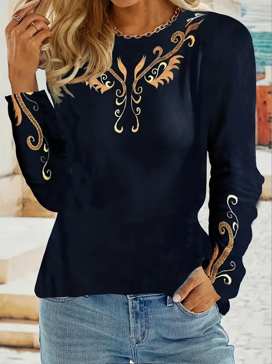 Women Ethnic Long Sleeve Tee T-shirt Crew Neck Printing Casual Spring/Fall Graphic Tee Top