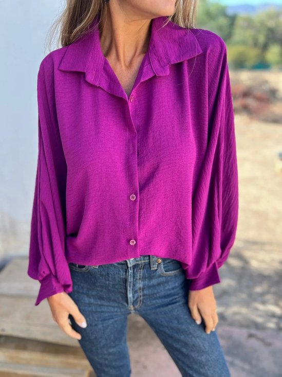 Women Plain Long Sleeve Shirt Spring/Fall Split Joint Shawl Collar Dolman Sleeve Daily Casual Top