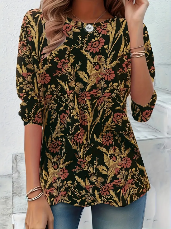 Women Floral Long Sleeve Tee T-shirt Crew Neck Printing Casual Spring/Fall Tunic Top