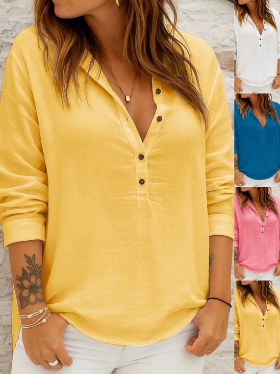 Women Plain Long Sleeve Shirt Spring/Fall Split Joint Stand Collar Daily Casual Top