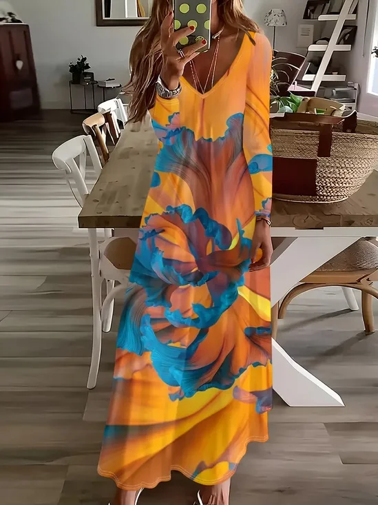 Women Abstract Long Sleeve Spring/Fall Printing Dress V Neck Daily Casual Maxi H-Line Dress