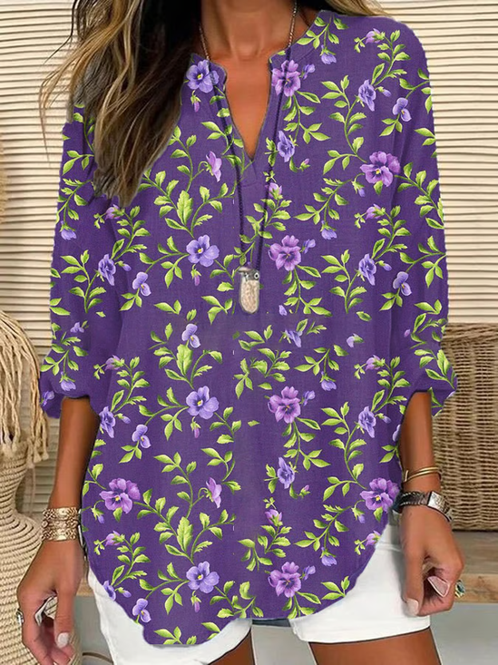 Women Floral Long Sleeve Blouse Spring/Fall Printing V Neck Daily Casual Top