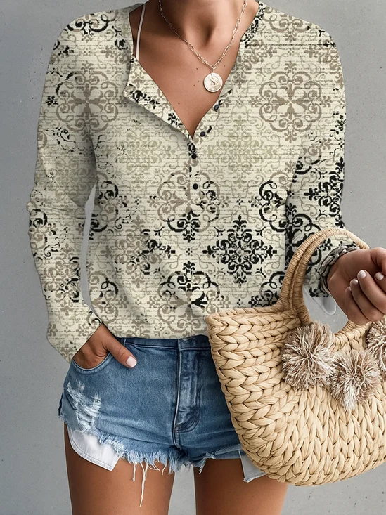 Women Geometric Long Sleeve Tee T-shirt V Neck Printing Vintage Spring/Fall Top