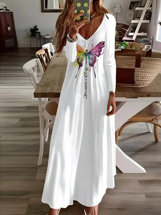 Women Butterfly Long Sleeve Spring/Fall Printing Dress V Neck Daily Casual Maxi H-Line Dress