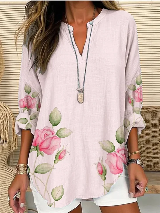 Women Floral Long Sleeve Blouse Spring/Fall Printing V Neck Daily Casual Top