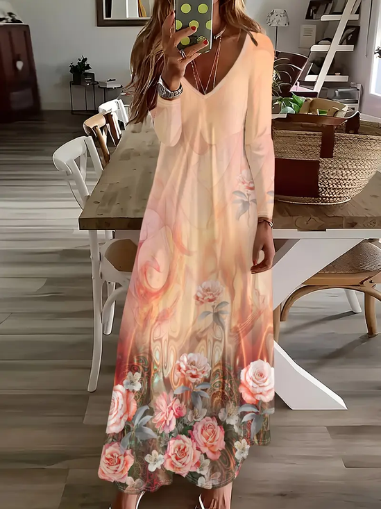 Women Floral Long Sleeve Spring/Fall Printing Dress V Neck Daily Casual Maxi H-Line Dress