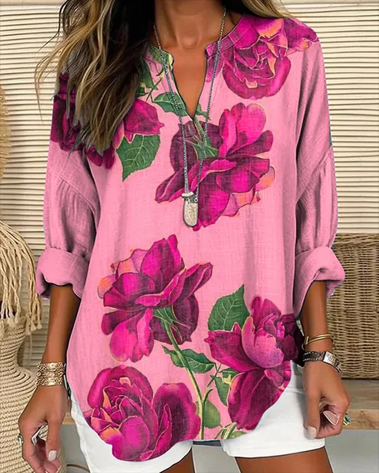 Women Floral Long Sleeve Blouse Spring/Fall Printing V Neck Daily Casual Top