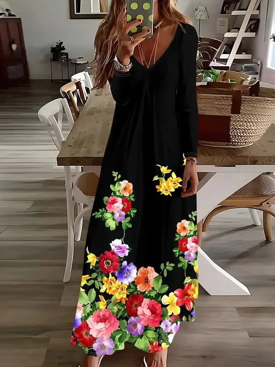 Women Abstract Long Sleeve Spring/Fall Printing Dress V Neck Daily Casual Maxi H-Line Dress