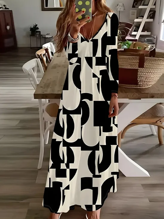 Women Abstract Long Sleeve Spring/Fall Printing Dress V Neck Daily Casual Maxi H-Line Dress