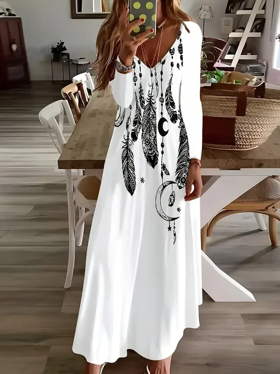 Women Ethnic Long Sleeve Spring/Fall Printing Dress V Neck Daily Casual Maxi H-Line Dress