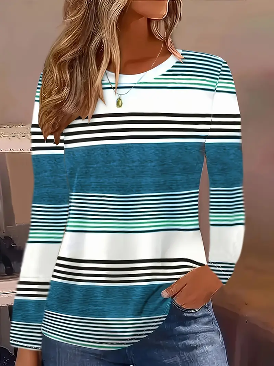 Women Striped Long Sleeve Tee T-shirt Crew Neck Printing Casual Spring/Fall Graphic Tee Top