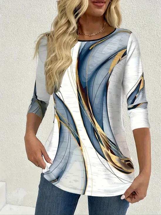 Women Abstract Long Sleeve Tee T-shirt Crew Neck Printing Casual Spring/Fall Graphic Tee Top