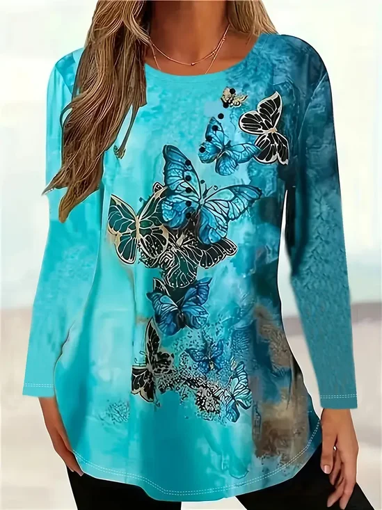 Women Butterfly Long Sleeve Tee T-shirt Crew Neck Printing Casual Spring/Fall Graphic Tee Top
