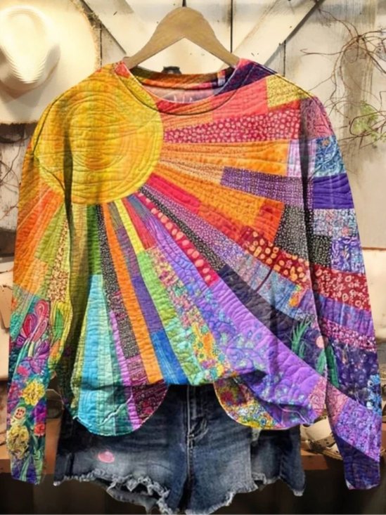 Women Color Block Crew Neck Vintage Spring/Fall Long Sleeve Sweatshirt