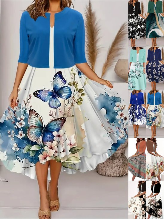 Women Floral Printing Two-Piece Set Daily Short Sleeve Casual Summer Coat With Skirt Matching Set