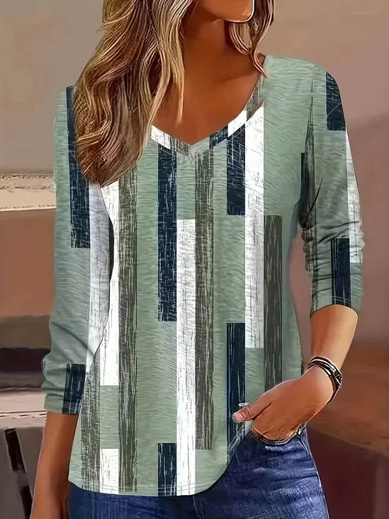 Women Geometric Long Sleeve Tee T-shirt V Neck Printing Casual Spring/Fall Graphic Tee Top